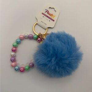 Pastels Pom Pom Keychain Bag Cham with Beaded Bracelet - Blue NWT